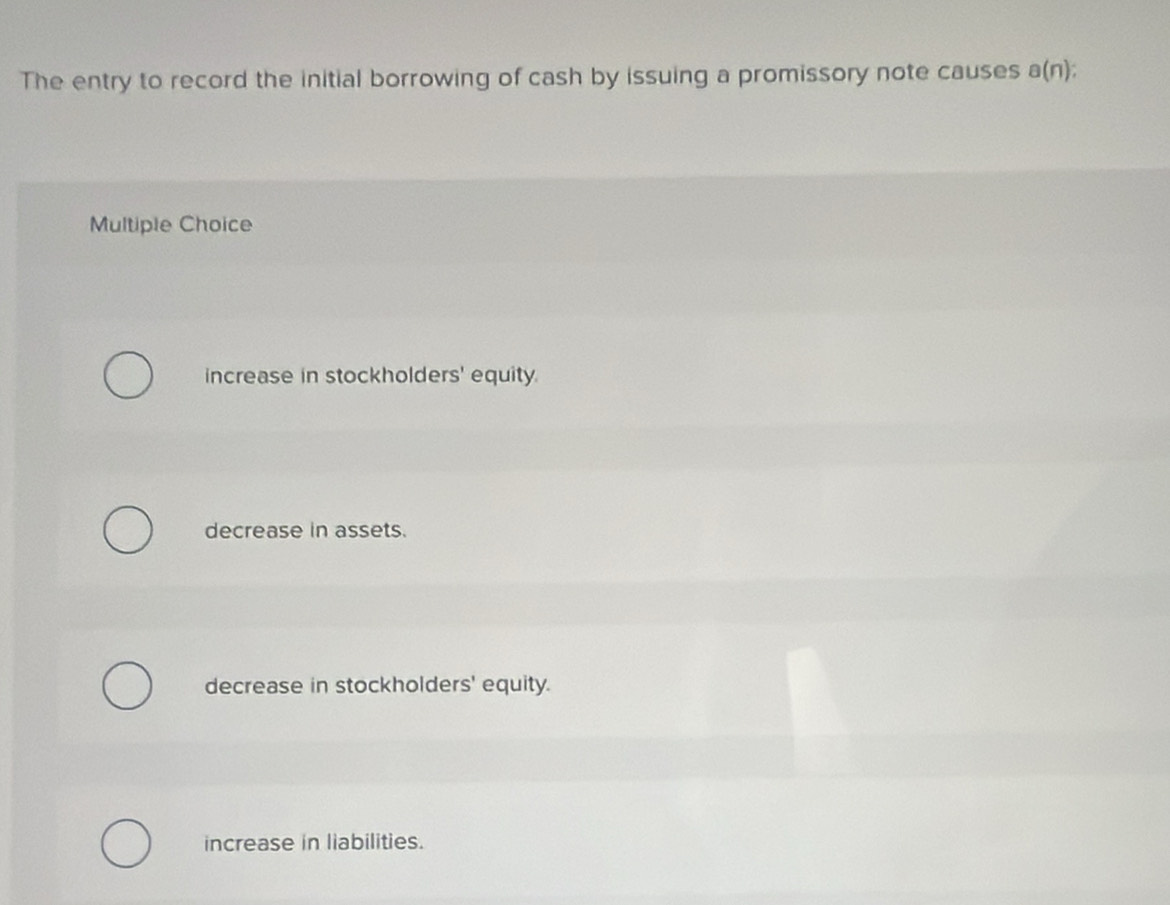 The entry to record the initial borrowing of cash by issuing a promissory note causes a(n) : 
Multiple Choice
increase in stockholders' equity.
decrease in assets.
decrease in stockholders' equity.
increase in liabilities.