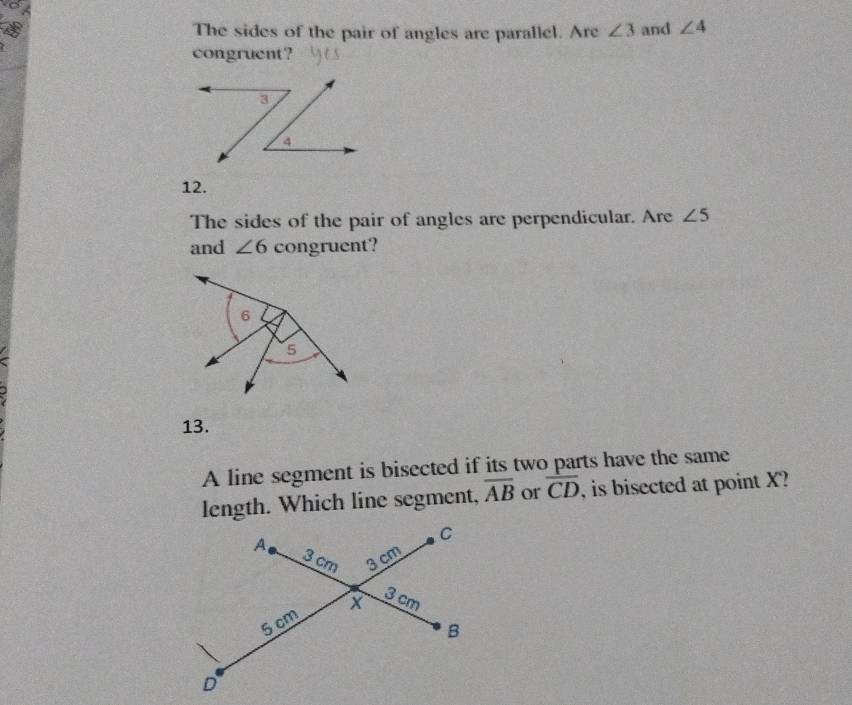 The sides of the pair of angles are parallel. Are ∠ 3 and ∠ 4
congruent? 
12. 
The sides of the pair of angles are perpendicular. Are ∠ 5
and ∠ 6 congruent? 
13. 
A line segment is bisected if its two parts have the same 
length. Which line segment, overline AB or overline CD , is bisected at point X?