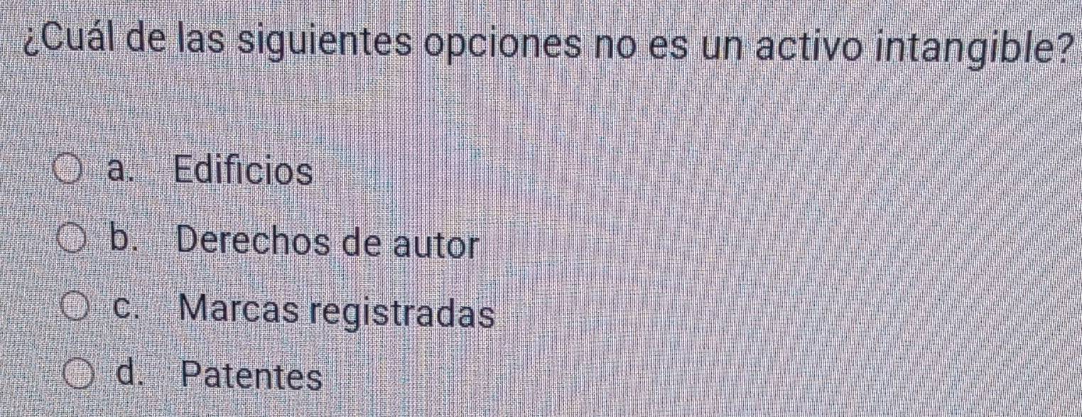 ¿Cuál de las siguientes opciones no es un activo intangible?
a. Edificios
b. Derechos de autor
c. Marcas registradas
d. Patentes