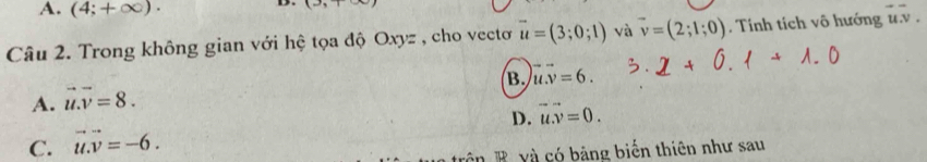 A. (4;+∈fty )·

(_  
Câu 2. Trong không gian với hệ tọa độ Oxyz , cho vectơ vector u=(3;0;1) và vector v=(2;1;0). Tính tích vô hướng u. v u
B. vector uvector v=6.
A. vector u.vector v=8.
D. vector u.v=0.
C. vector u.vector v=-6. 
ân B xà có bảng biến thiên như sau