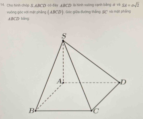 Cho hình chóp S. ABCD có đáy ABCD là hình vuông cạnh bằng đ và SA=asqrt(2)
vuông góc với mặt phẳng (ABCD). Góc giữa đường thắng SC và mặt phầng
ABCD bằng: