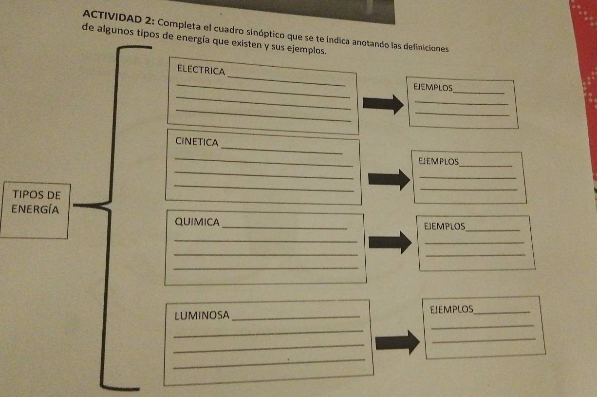 ACTIVIDAD 2: Completa el cuadro sinóptico que se te indica anotando las definiciones 
de algunos tipos de energía que existen y sus ejemplos. 
_ 
ELECTRICA 
_ 
_ 
EJEMPLOS_ 
_ 
_ 
_ 
_ 
CINETICA 
_ 
_ 
eJemplos_ 
_ 
TIPOS DE 
_ 
_ 
ENERGÍA 
QUIMICA _EJEMPLOS_ 
_ 
_ 
__ 
_ 
_ 
LUMINOSA _EJEMPLOS_ 
_ 
_ 
_ 
_