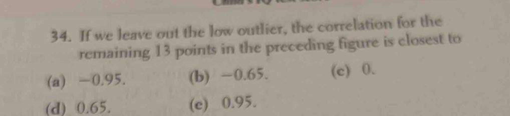 If we leave out the low outlier, the correlation for the
remaining 13 points in the preceding figure is closest to
(a) -0.95. (b) -0.65. (c) 0.
(d) 0.65. (e) 0.95.