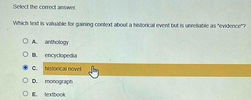 Select the correct answer.
Which text is valuable for gaining context about a historical event but is unreliable as "evidence"?
A. anthology
B. encyclopedia
C. historical novel
D. monograph
E. textbook