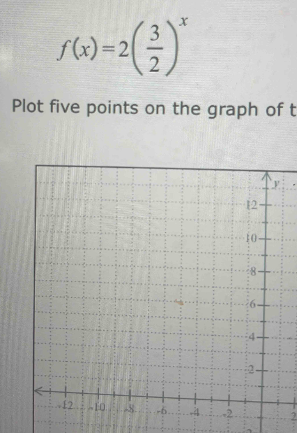 f(x)=2( 3/2 )^x
Plot five points on the graph of t
2