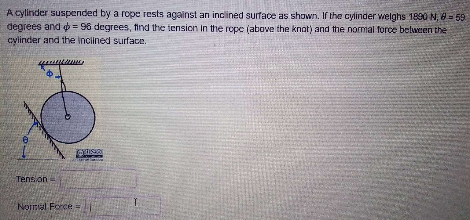 Solved: A cylinder suspended by a rope rests against an inclined ...