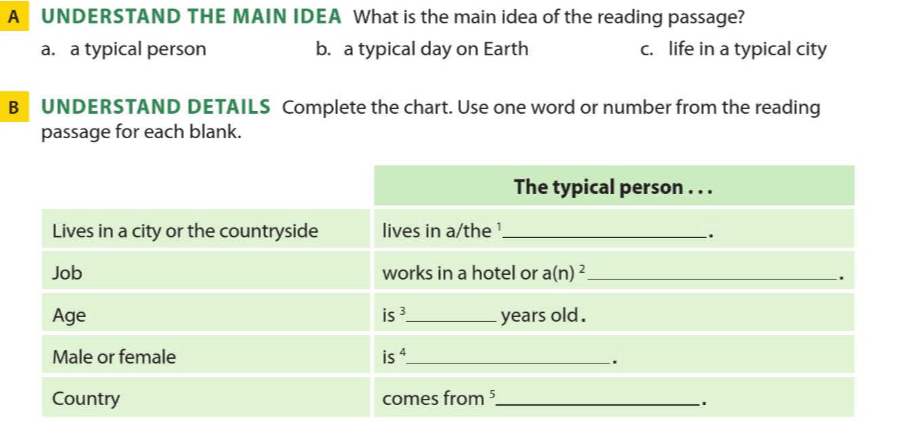 A UNDERSTAND THE MAIN IDEA What is the main idea of the reading passage?
a. a typical person b. a typical day on Earth c. life in a typical city
B UNDERSTAND DETAILS Complete the chart. Use one word or number from the reading
passage for each blank.