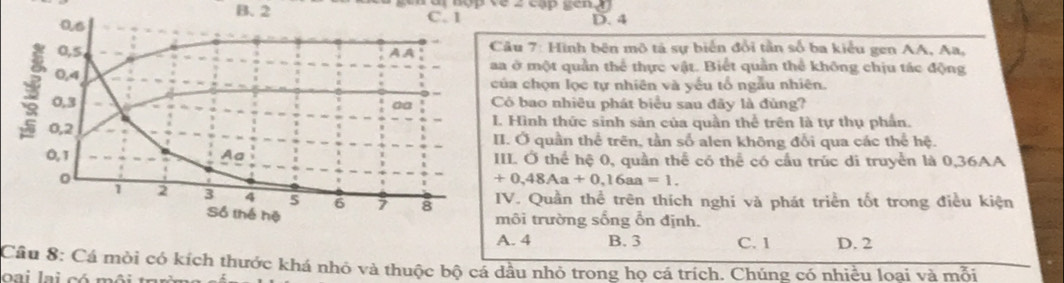 B. 2
D. 4
Câu 7: Hình bên mô tả sự biến đổi tần số ba kiểu gen AA, Aa,
a ở một quản thể thực vật. Biết quần thể không chịu tác động
ủa chọn lọc tự nhiên và yếu tổ ngẫu nhiên.
Cô bao nhiêu phát biểu sau đây là đùng?
. Hình thức sinh sản của quần thể trên là tự thụ phần.
I. Ở quần thể trên, tần số alen không đổi qua các thể hệ.
II. Ở thể hệ 0, quần thể có thể có cầu trúc di truyển là 0,36AA
+0,48Aa+0,16aa=1. 
IV. Quần thể trên thích nghi và phát triển tốt trong điều kiện
môi trường sống ỗn định.
A. 4 B. 3 C. 1 D. 2
Câu 8: Cá mòi có kích thước khá nhỏ và thuộc bộ cá dầu nhỏ trong họ cá trích. Chúng có nhiều loại và mỗi
oại lai có môi