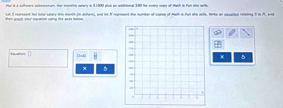 Mal is a software saleswoman. Her monthly salary is $1800 plus an additional $80 for every copy of Math is Fun she selis. 
Let S represent her total salary this month (in dollars), and let N represent the number of copies of Math is Fun she sells. Write an equation relating S to N, and 
then graph your equation using the axes below. 
Equation: □
□ =□  □ /□   
× 5 
× 5