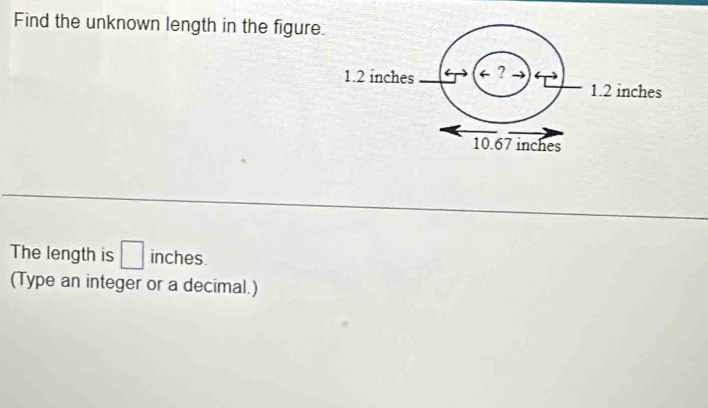 Find the unknown length in the figure 
The length is □ inches
(Type an integer or a decimal.)