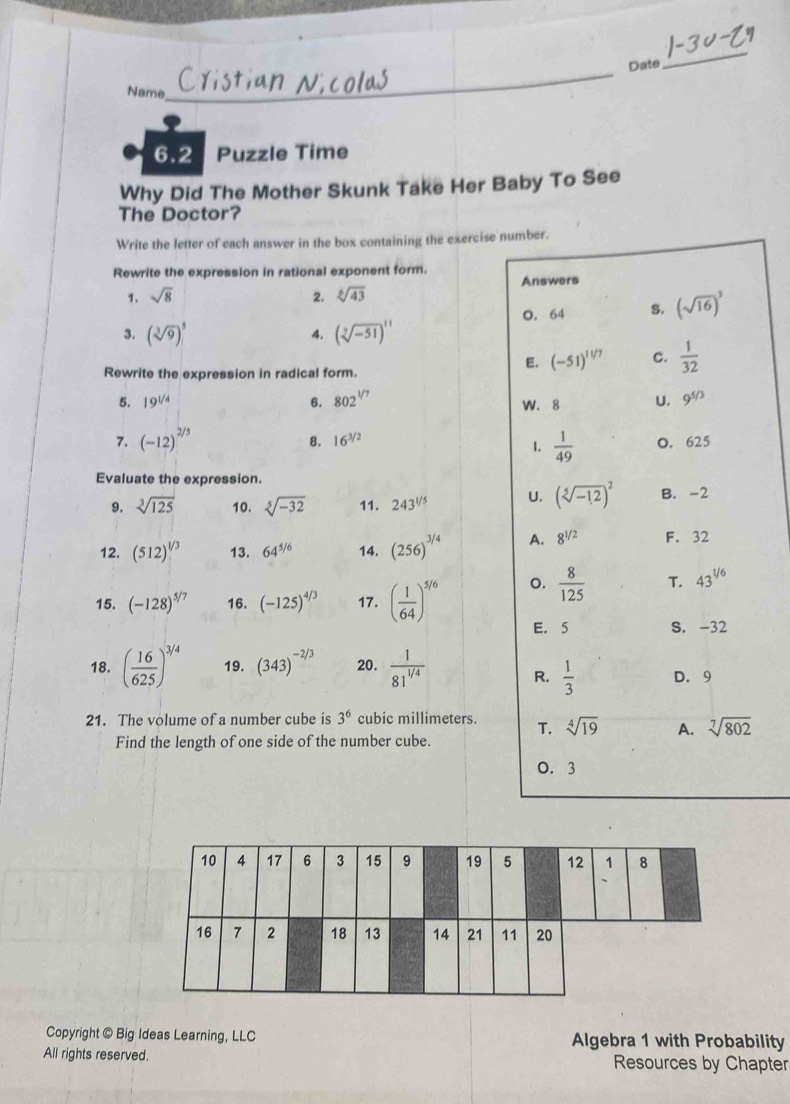 Solved: Date _ Name _ 6.2 Puzzle Time Why Did The Mother Skunk Take Her ...