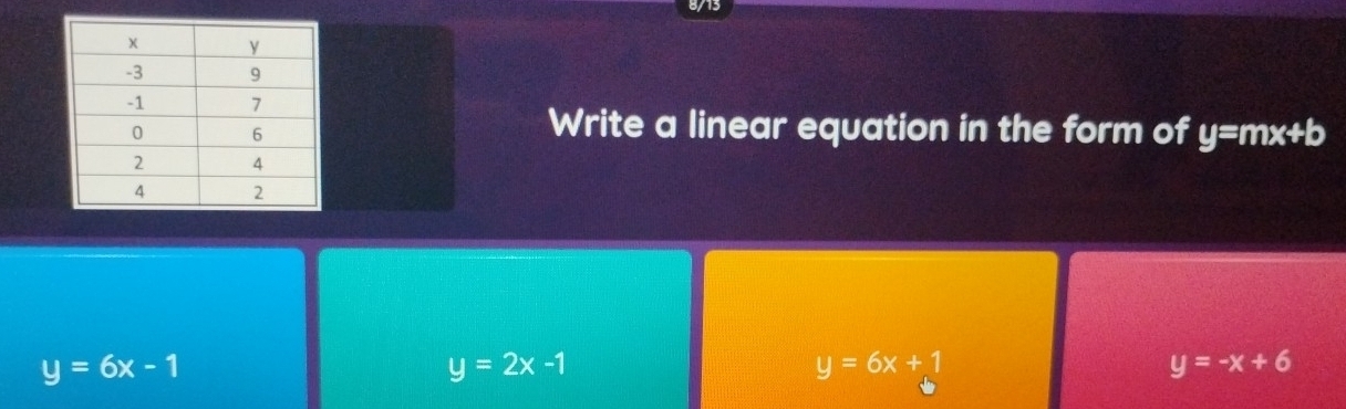 Write a linear equation in the form of y=mx+b
y=6x-1
y=2x-1
y=6x+1
y=-x+6