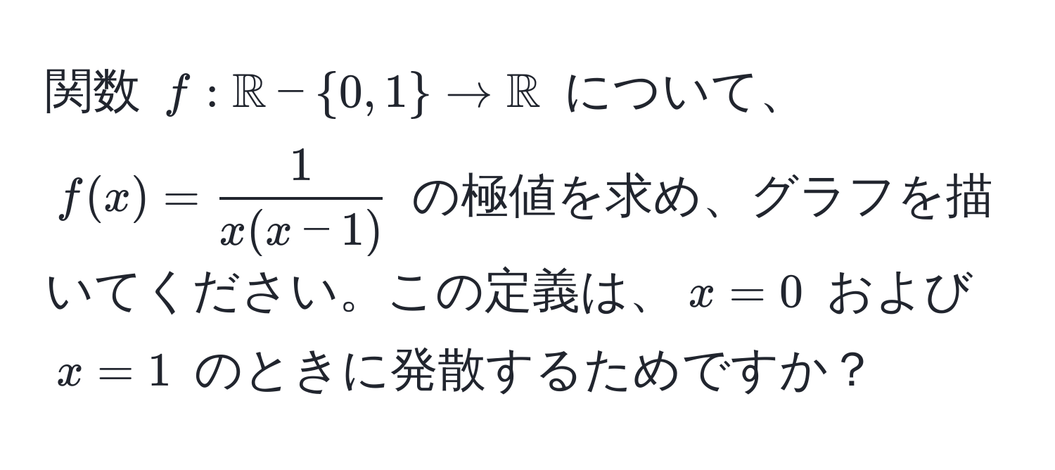 関数 $f: mathbbR - 0, 1 to mathbbR$ について、$f(x) =  1/x(x-1) $ の極値を求め、グラフを描いてください。この定義は、$x=0$ および $x=1$ のときに発散するためですか？