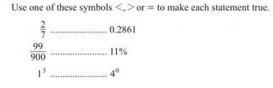 Use one of these symbols , or = to make each statement true.
 2/7  _ 0.2861
 99/900  _ 11%
1^3 _ 4^0