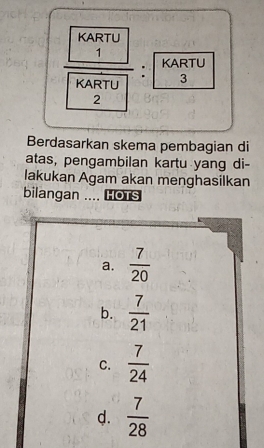 frac beginvmatrix KARTU 1endvmatrix beginbmatrix KARTU 2endbmatrix :beginbmatrix KARTU 3endbmatrix
Berdasarkan skema pembagian di
atas, pengambilan kartu yang di-
lakukan Agam akan menghasilkan
bilangan .... HOTS
a.  7/20 
b.  7/21 
C.  7/24 
d.  7/28 