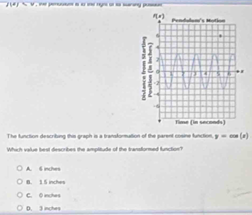 J(z) te pencwum i io wd nyn o io sarany pooue 
The function describing this graph is a transformation of the parent cosine function, y=cos (x)
Which value best describes the amplitude of the transformed function?
A. 6 inches
B. 1.5 inches
C. 0 inches
D. 3 inches