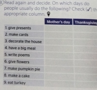 Read again and decide. On which days do 
people usually do the following? Check (▲) th 
appropriate column. 
in