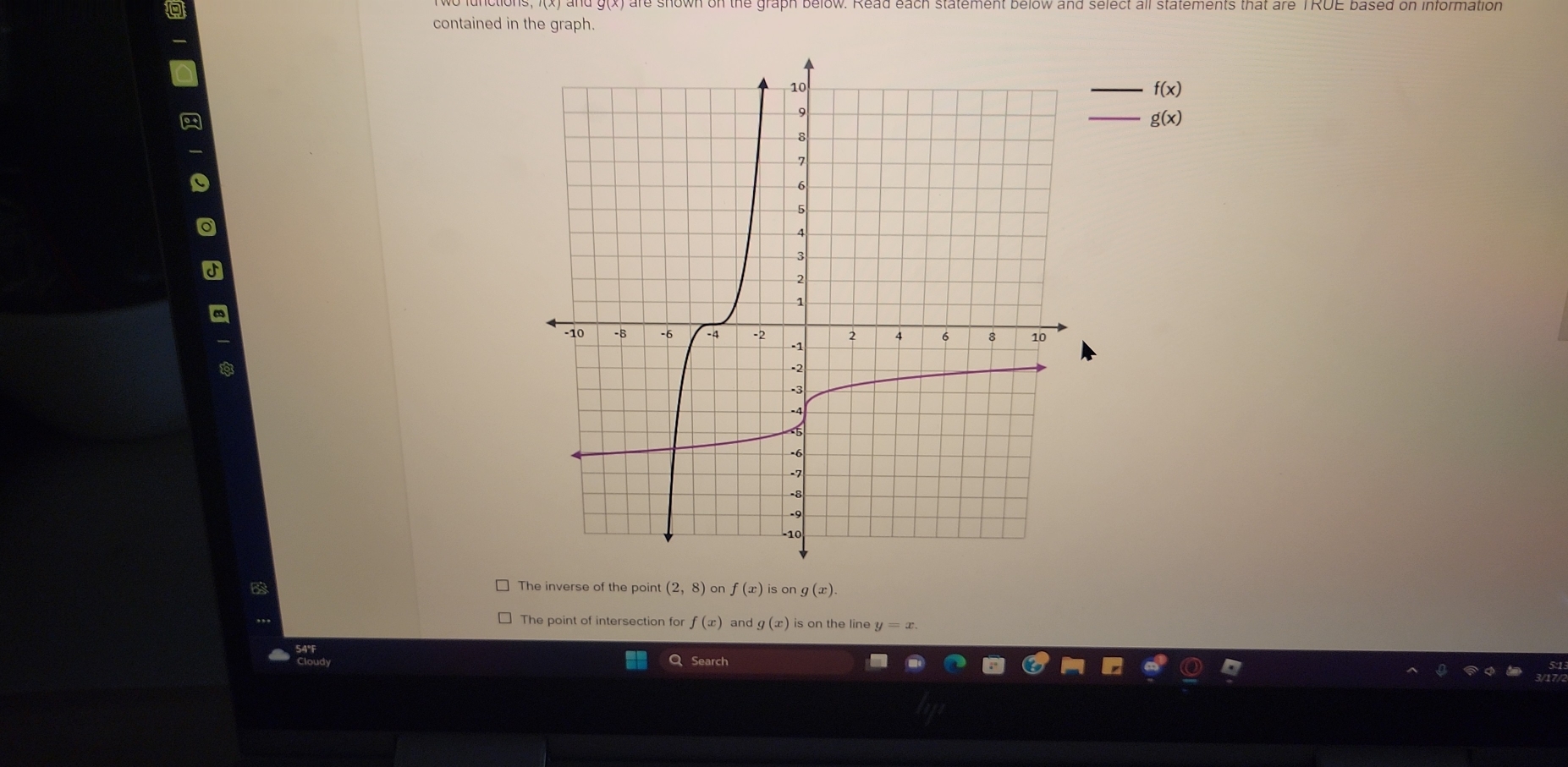 contained in the graph. 
_ f(x)
_ g(x)
6 The inverse of the point (2,8) on f(x) is on g(x)
The point of intersection for f(x) and g(x) is on the line y=x. 
Search