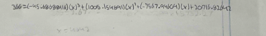 366=(-45.68688116)(x)^3+(1005.154891)(x)^2+(-7567.94664)(x)+20716.82642