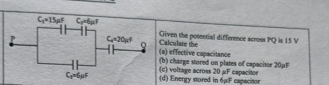 iven the potential difference across PQ is 15 V
alculate the
a) effective capacitance
b) charge stored on plates of capacitor 20μF
c) voltage across 20 μF capacitor
(d) Energy stored in 6μF capacitor