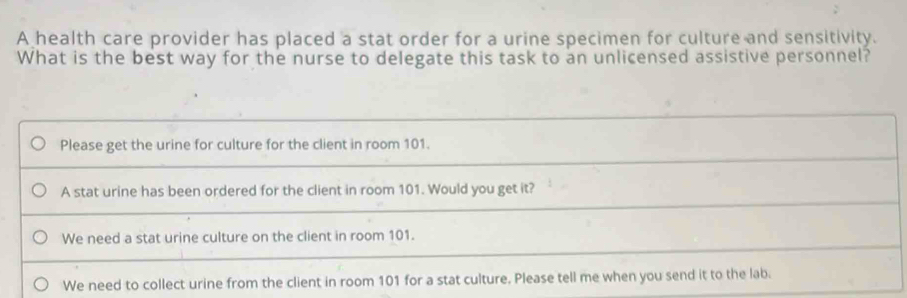 Solved: A health care provider has placed a stat order for a urine ...