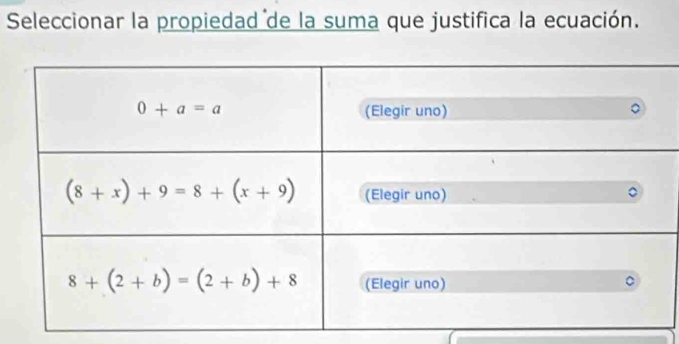 Seleccionar la propiedad de la suma que justifica la ecuación.