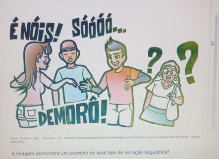 20/04/2023 anta. Pacsbota: Usou. Dian 
A imagem demonstra um exemplo de qual tipo de variação linguística?