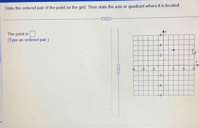 State the ordered pair of the point on the grid. Then state the axis or quadrant where it is located. 
The point is □. 
(Type an ordered pair.)
x
: