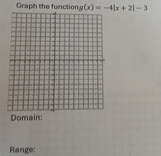 Graph the function g(x)=-4|x+2|-3
Domain: 
Range: