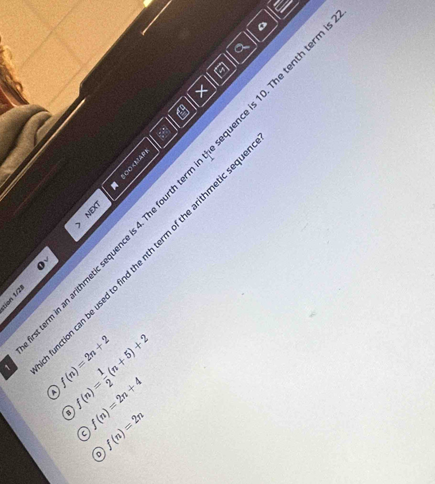 ×
ē

ē è

` f(n)=2n+2
P f(n)= 1/2 (n+5)+2
f(n)=2n+4
C f(n)=2n
D