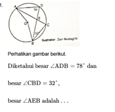 Perhatikan gambar berikut.
Diketahui besar ∠ ADB=78° dan
besar ∠ CBD=32°,
besar ∠ AEB adalah . . .