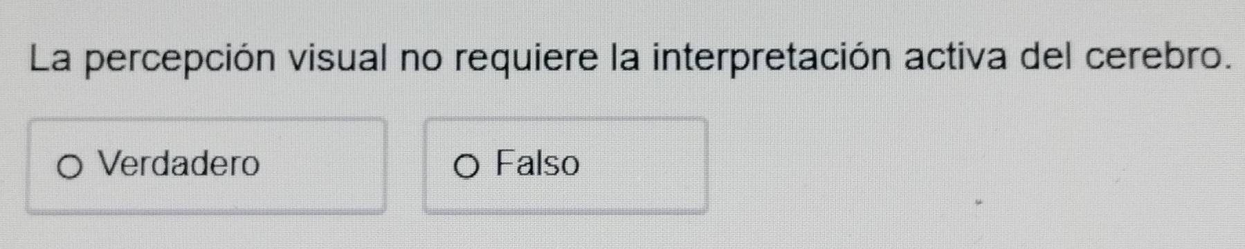 La percepción visual no requiere la interpretación activa del cerebro.
Verdadero Falso