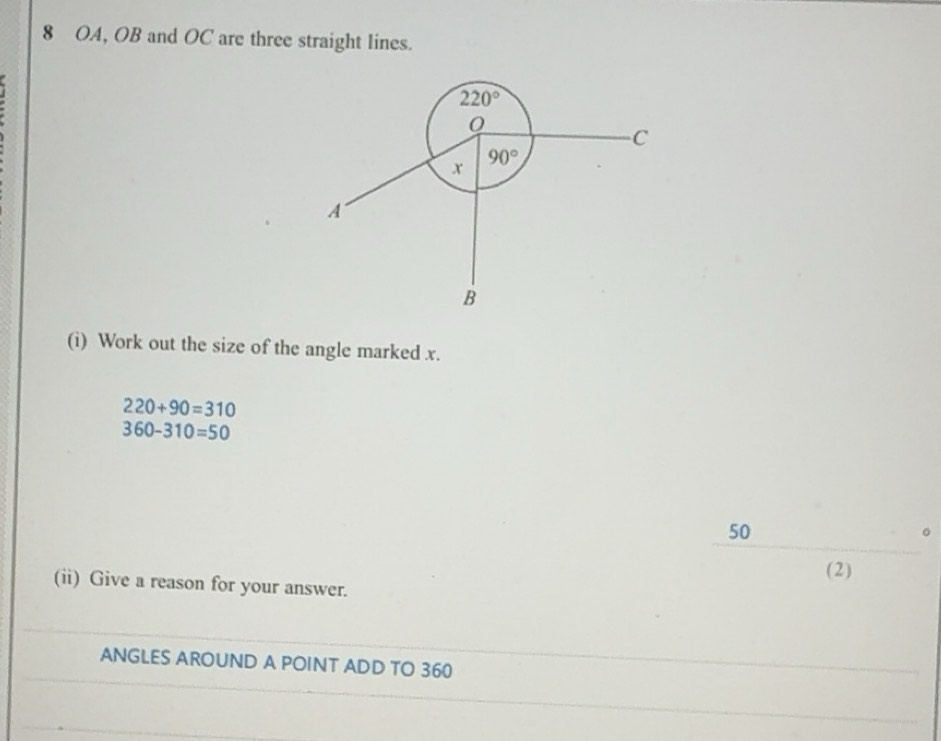 Solved: OA, OB and OC are three straight lines. 220° 0 C x 90° A B (i ...