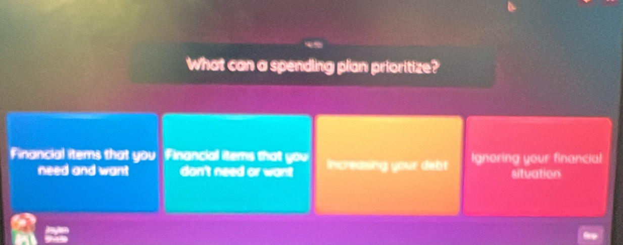 What can a spending plan prioritize?
Financial iters that you Financial iterns that you increasing your debt Ignoring your financial
need and want don't need or want situation