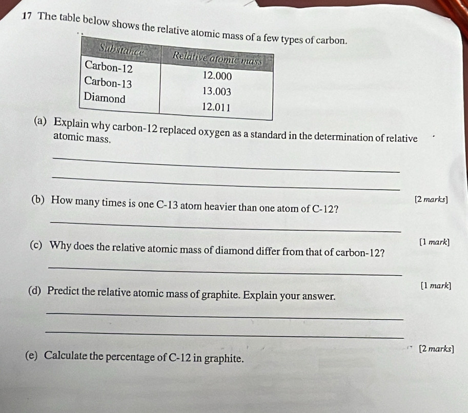 The table below shows the relatipes of carbon. 
(a) Ehy carbon- 12 replaced oxygen as a standard in the determination of relative 
atomic mass. 
_ 
_ 
[2 marks] 
(b) How many times is one C-13 atom heavier than one atom of C-12? 
_ 
[1 mark] 
(c) Why does the relative atomic mass of diamond differ from that of carbon -12? 
_ 
[1 mark] 
(d) Predict the relative atomic mass of graphite. Explain your answer. 
_ 
_ 
[2 marks] 
(e) Calculate the percentage of C-12 in graphite.