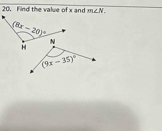 Find the value of x and m∠ N.
(9x-35)^circ 