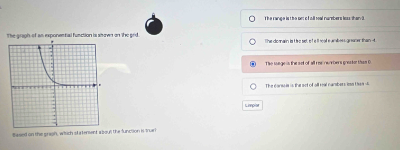 The range is the set of all real numbers less than 0.
The graph of an exponential function is shown on the grid.
The domain is the set of all real numbers greater than -4.
The range is the set of all real numbers greater than 0
The domain is the set of all real numbers less than -4.
Limpiar
Based on the graph, which statement about the function is true?