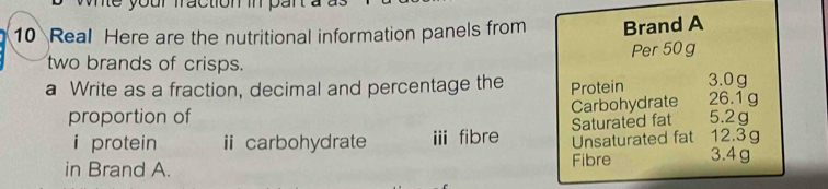 our fraction i p a n 
10 Real Here are the nutritional information panels from Brand A 
two brands of crisps. Per 50 g
a Write as a fraction, decimal and percentage the Protein 3.0 g 26.1 g
Carbohydrate 
proportion of 5.2g
i protein ii carbohydrate i fibre Saturated fat 
in Brand A. Fibre Unsaturated fat 12.3g
3.4g