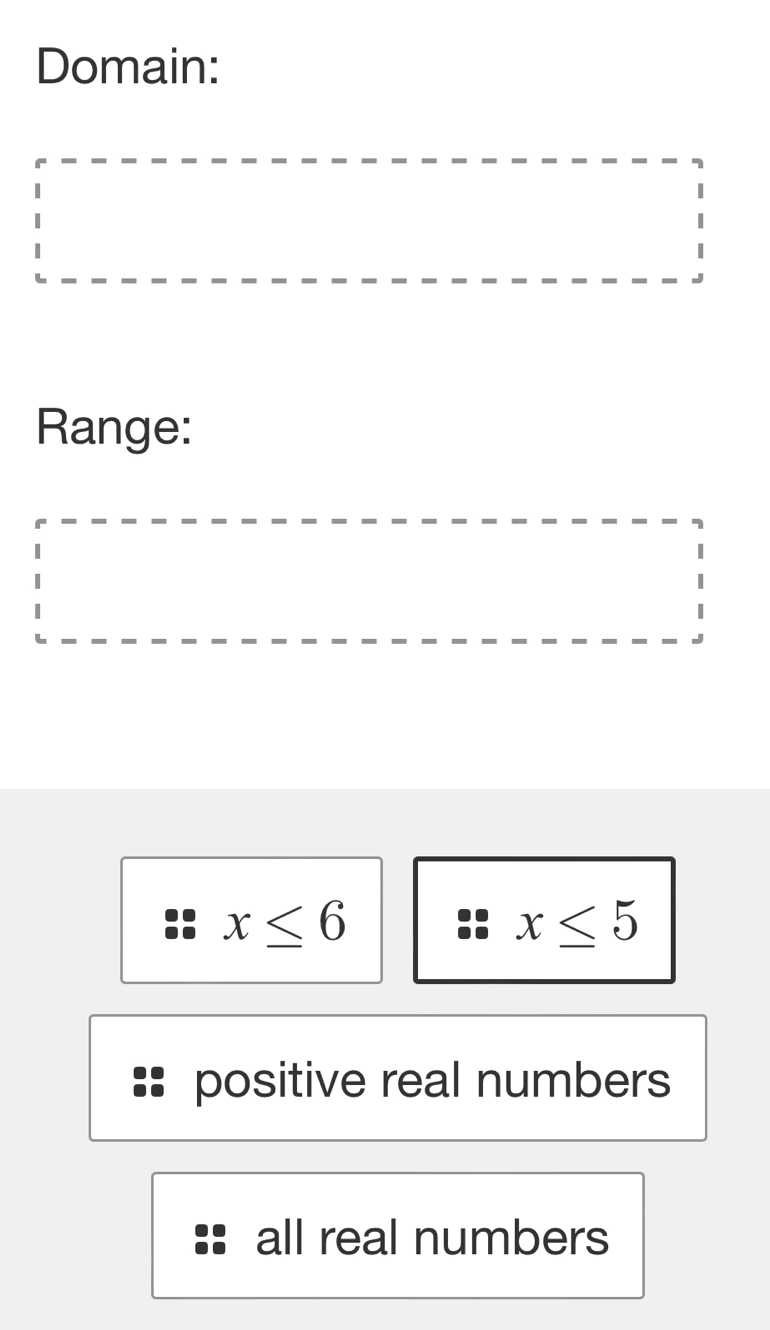 Domain:
Range:
x≤ 6
x≤ 5
positive real numbers
all real numbers