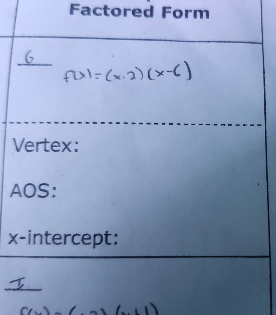 Factored Form 
_ 
Vertex: 
AOS: 
x-intercept: 
_