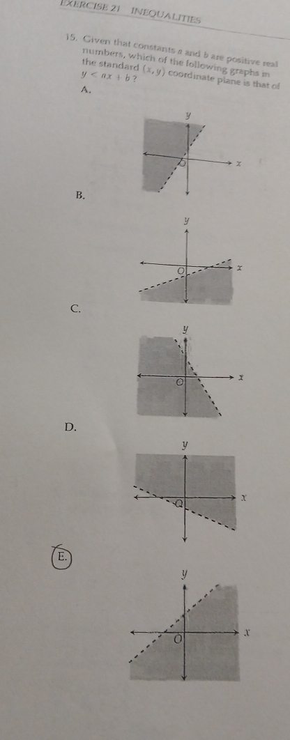 inequalIties
15. Given that constants a and b are positive real
numbers, which of the following graphs in
the standard
y 7 (x,y) coordinate plane is that of
A.
B.
x
C.
D.
x
E.