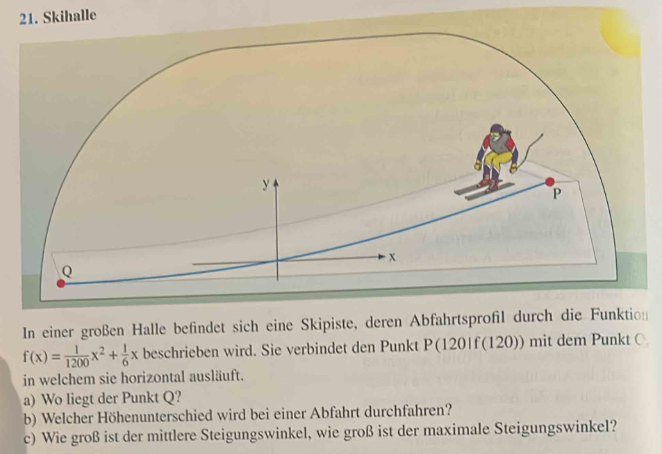 kihalle 
In einer großen Halle befindet sich eine Skipiste, deren Abfahrtsprofil durch die Funktio
f(x)= 1/1200 x^2+ 1/6 x beschrieben wird. Sie verbindet den Punkt P(120|f(120)) mit dem Punkt ○ 
in welchem sie horizontal ausläuft. 
a) Wo liegt der Punkt Q? 
b) Welcher Höhenunterschied wird bei einer Abfahrt durchfahren? 
c) Wie groß ist der mittlere Steigungswinkel, wie groß ist der maximale Steigungswinkel?