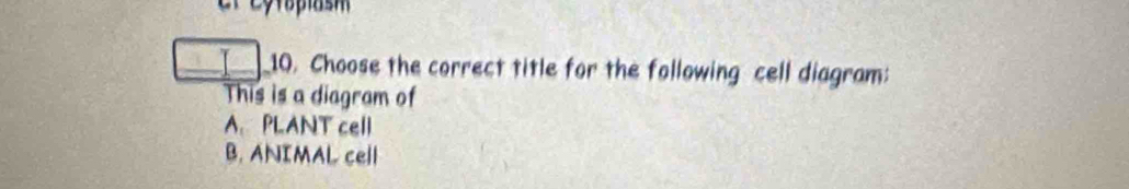 Choose the correct title for the following cell diagram:
This is a diagram of
A. PLANT cell
B. ANIMAL cell