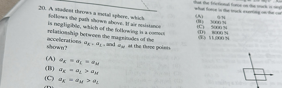 that the frictional force on the truck is negl
what force is the truck exerting on the car
20. A student throws a metal sphere, which
(A) 0 N
follows the path shown above. If air resistance
(B) 3000 N
(C) 5000 N
is negligible, which of the following is a correct
(D) 8000 N
relationship between the magnitudes of the
(E) 11,000 N
accelerations a_K, a_L , and a_M at the three points
shown?
(A) a_K=a_L=a_M
(B) a_K=a_L>a_M
(C) a_K=a_M>a_L