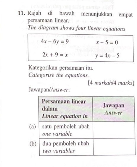 Rajah di bawah menunjukkan empat 
persamaan linear. 
The diagram shows four linear equations
4x-6y=9 x-5=0
2x+9=x y=4x-5
Kategorikan persamaan itu. 
Categorise the equations. 
[4 markah/4 marks] 
Jawapan/Answer: 
( 
(