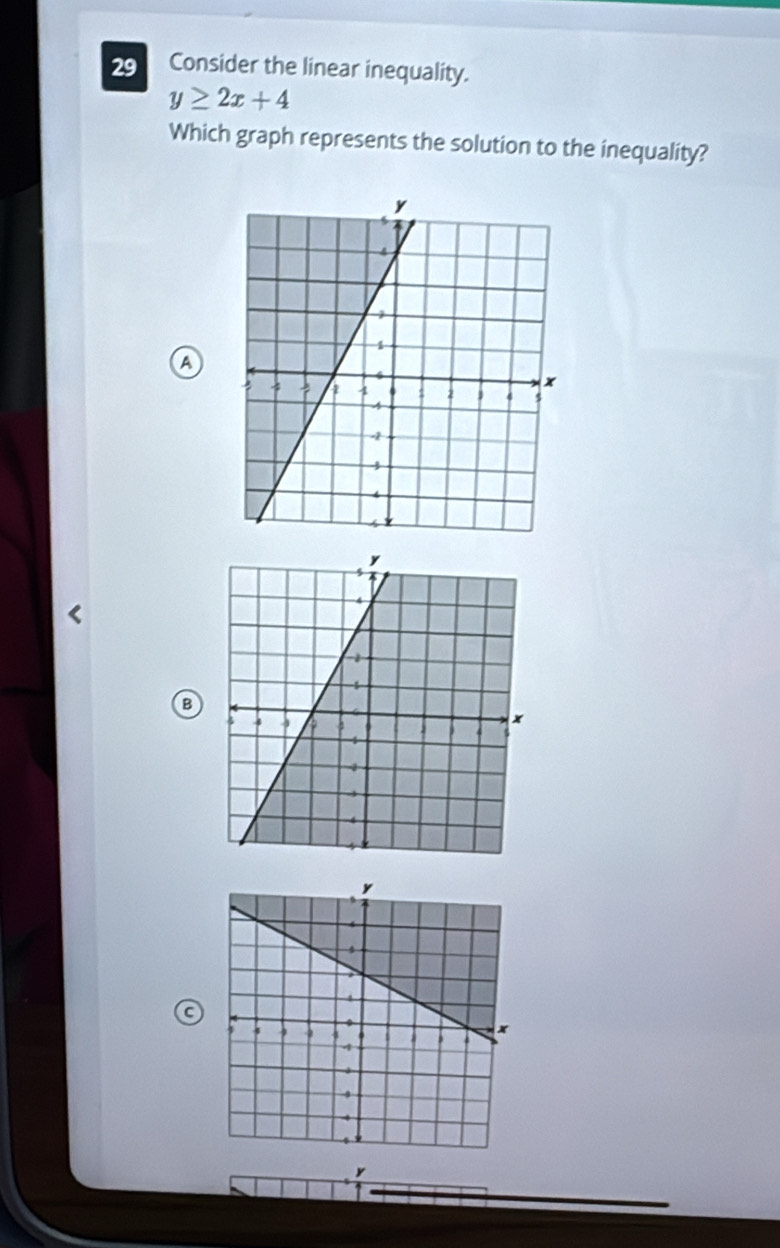 Consider the linear inequality.
y≥ 2x+4
Which graph represents the solution to the inequality?
a
B