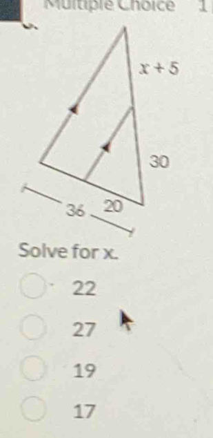 Solve for x.
22
27
19
17