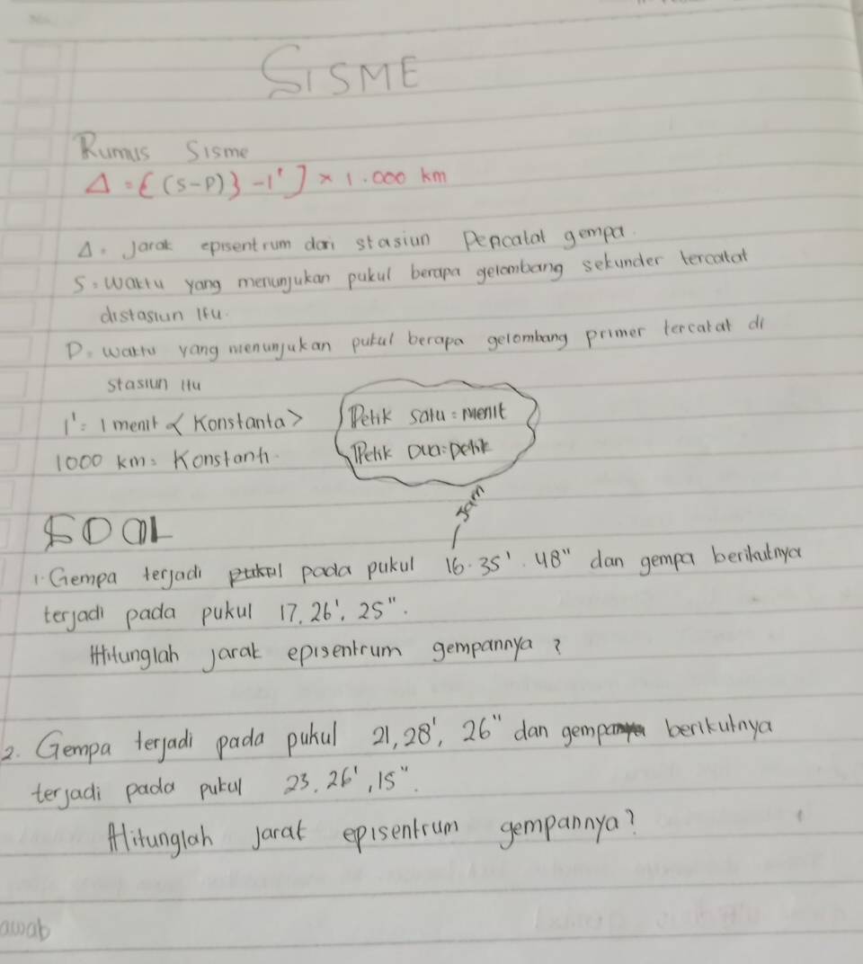 SISME 
Rumus Sisme 
Delta =[(s-p)3-1^1]* 1.000km 
A. Jarak episentrum doi stasiun Pencatal gempd. 
5: warru yong menunyukan pukul berapa gelombang selunder tercatat 
distasion ifu. 
D. watrs yang menunjukan putal berapa gelombang primer tercatat di 
stasiun Htu
1^1=1 ment Konstanta? Pehik saru :ment
1000 km : Konstanh. Pelik aca pelk 
8①OL 
1 Gempa tergadi pada pukul 16· 35'· 48'' dan gempa berilutnya 
terjad pada pukul 17,26', 25''. 
Hitunglah jarat episentrum gempannya? 
2. Gempa terjadi pada pukul 21, 28^1, 26^(11) dan gem berikulnya 
terjadi pada putal 23.26^1, 15^(11). 
Aitunglah jarat ep isentrum gempannya? 
awab