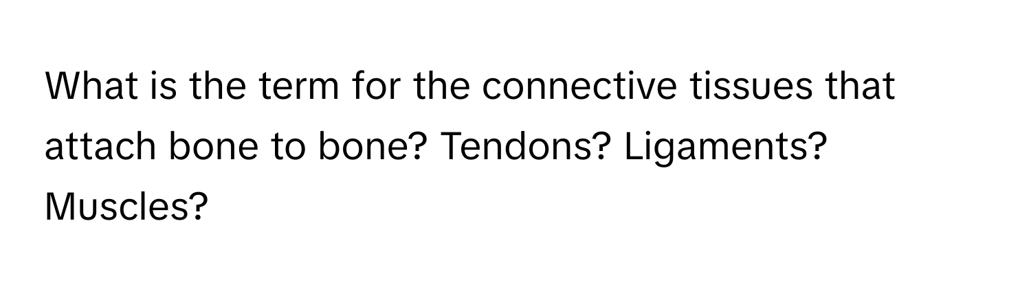 What is the term for the connective tissues that attach bone to bone? Tendons? Ligaments? Muscles?