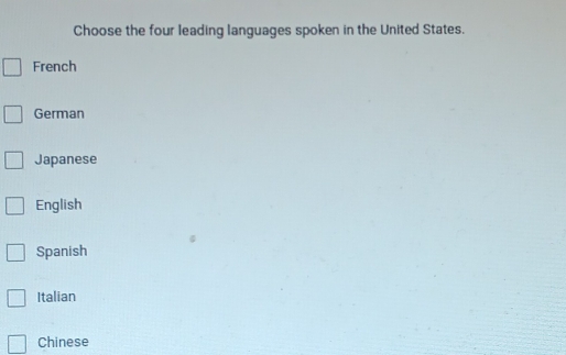 Choose the four leading languages spoken in the United States.
French
German
Japanese
English
Spanish
Italian
Chinese